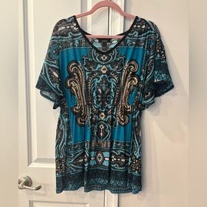 Alfani Teal and Black Paisley sheer Women's Top